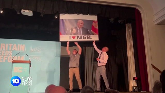 Nigel Farage's speech pranked by Putin banner